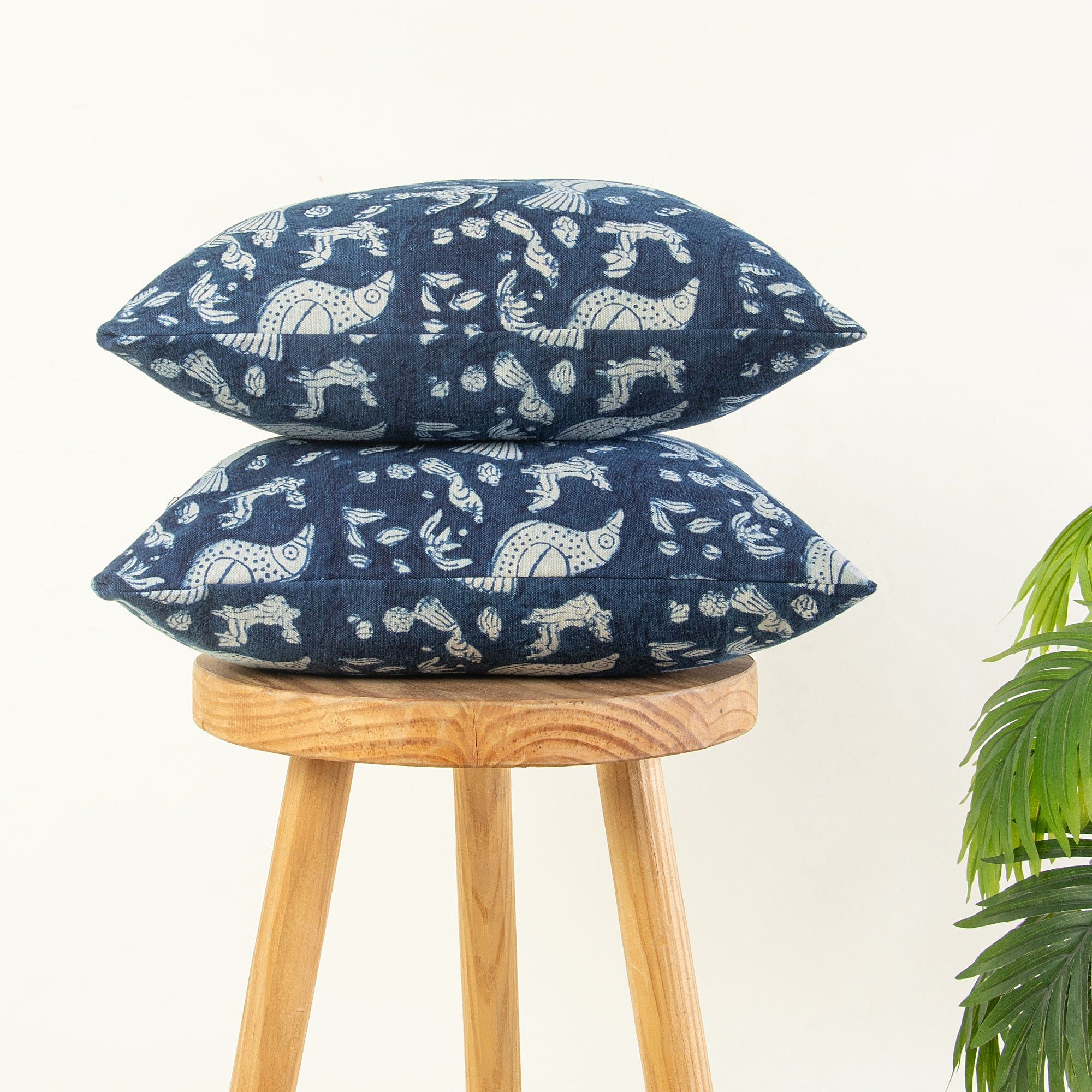 Hand Block Blue Bird Cotton Canvas Cushion Cover